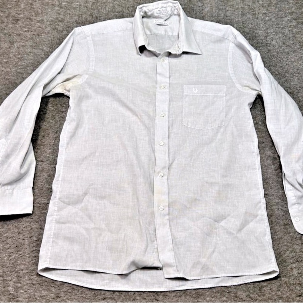 Vintage Christian Dior Monsieur Mens 16 Light Grey Dress Shirt Classic Button Up